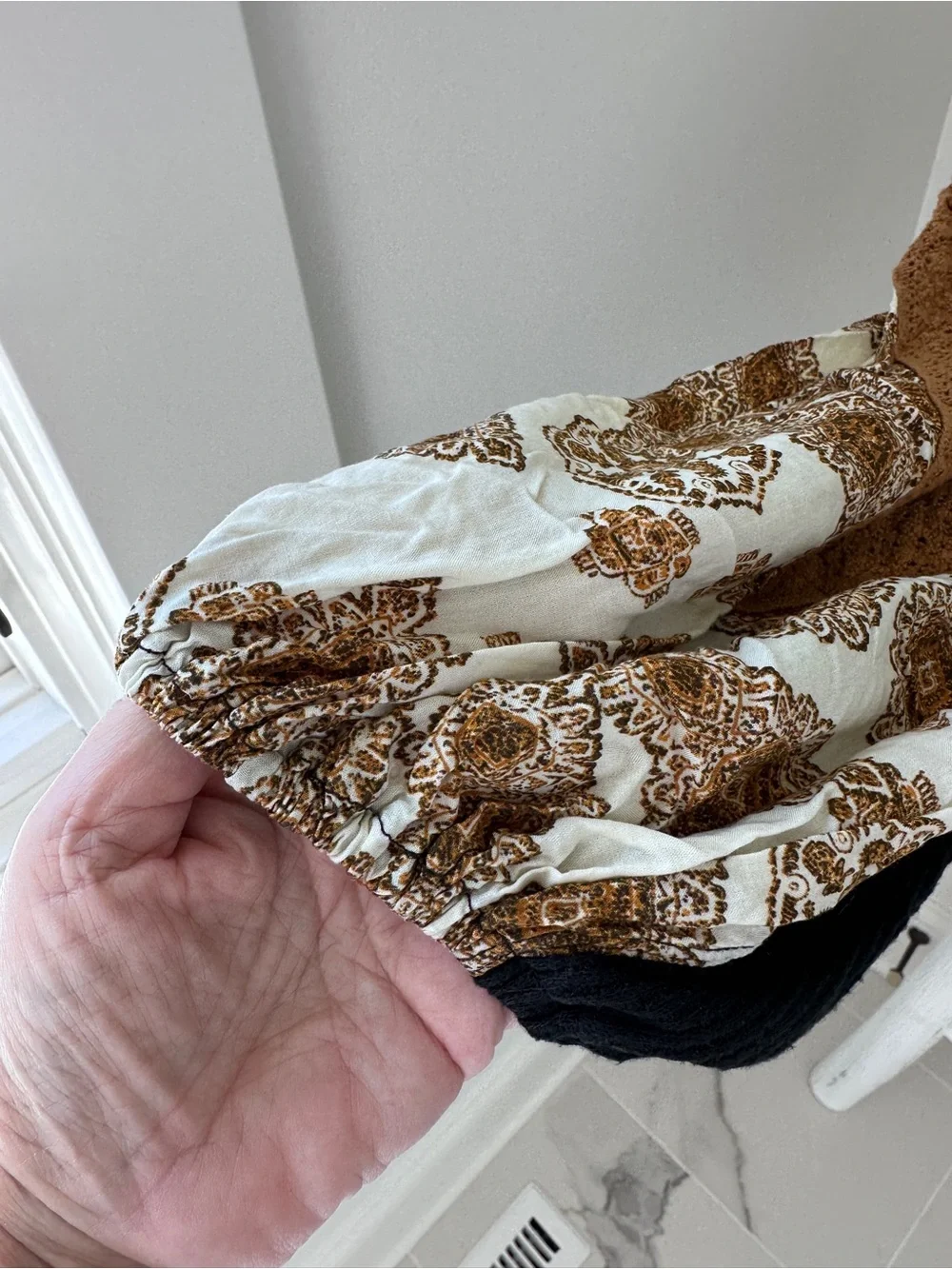 Free People Black Waffle Knit Shirt with Gold Paisley Balloon Sleeves Size L